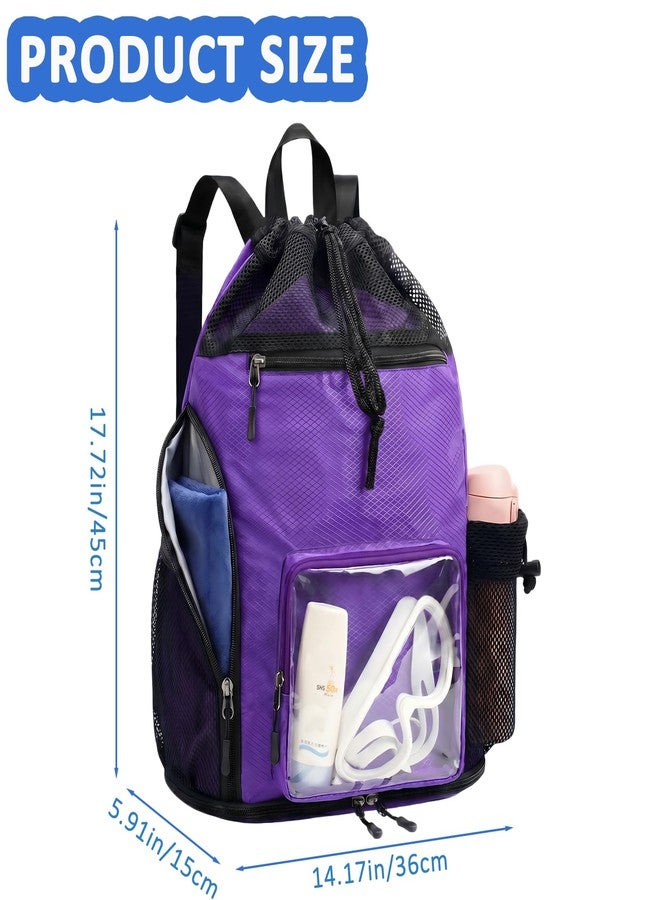 YUHAN PRETTY Mesh Beach Backpack Sandproof Waterproof Drawstring Backpack with Tumbler Side Pockets Swim Bag for Pool Gym(Purple) - Image 2