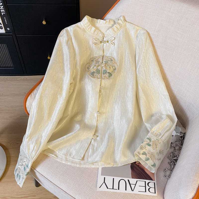 New Chinese Style National Style Embroidered Buckle Ear Collar Shirt Female Spring Retro High-end Celebrity Elegant Top Sweet Lady Apricot