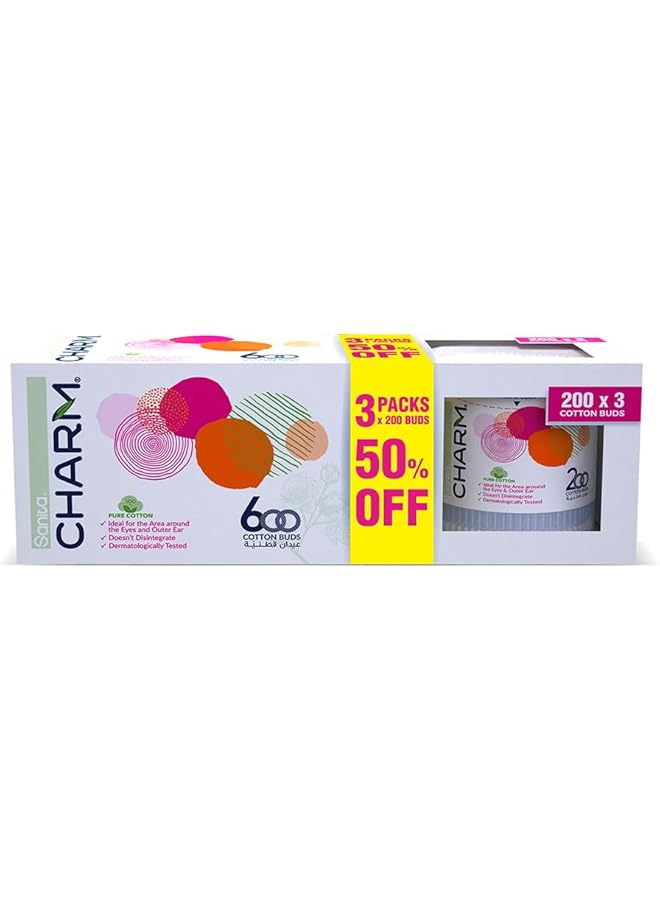 Charm 100% Cotton Buds 600 (200X2+1) Buds - Image 1