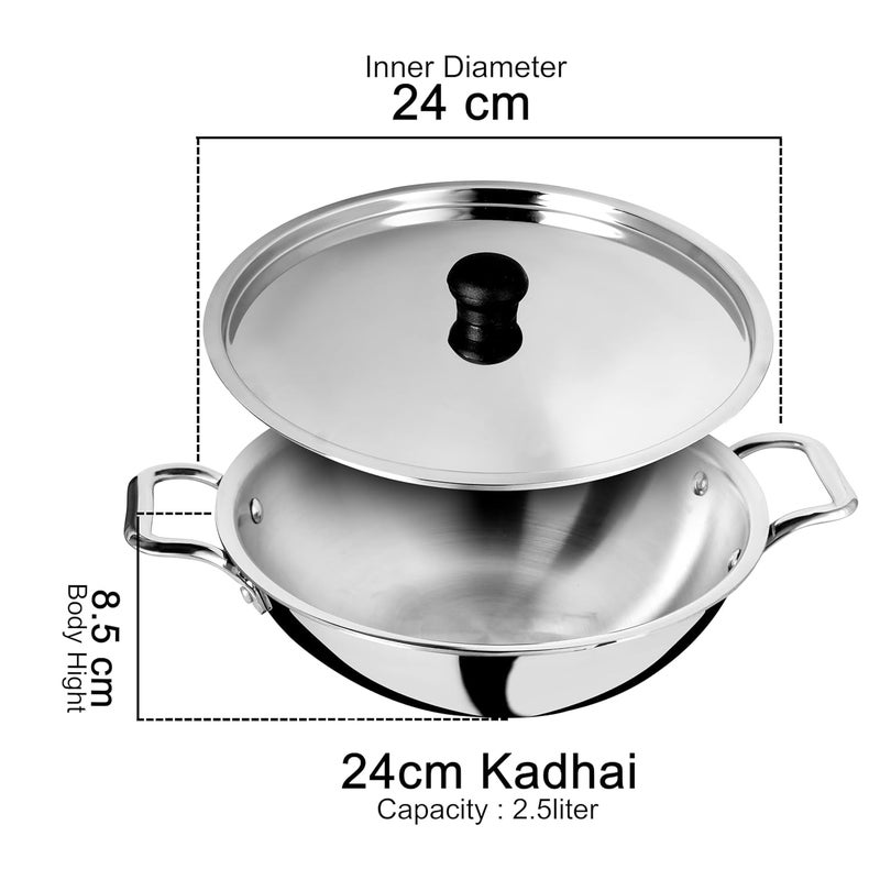 Hexwell Triply Stainless Steel Kadai with Lid and Strong Handle 25 Liter 24cm Wok Kadhai for Cooking Deep Frying Pan inducton and Gas Stove Friendly - Image 3