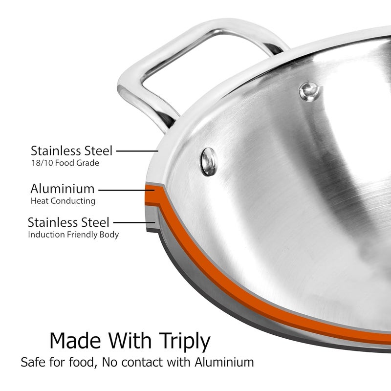 Hexwell Triply Stainless Steel Kadai with Lid and Strong Handle 25 Liter 24cm Wok Kadhai for Cooking Deep Frying Pan inducton and Gas Stove Friendly - Image 2