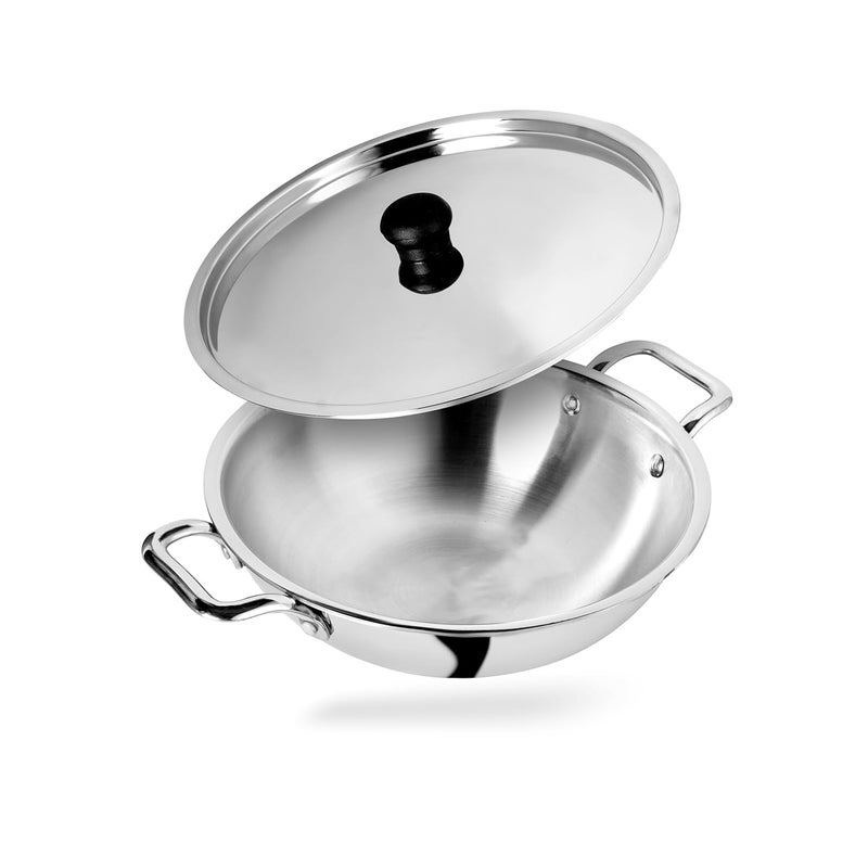 Hexwell Triply Stainless Steel Kadai with Lid and Strong Handle 25 Liter 24cm Wok Kadhai for Cooking Deep Frying Pan inducton and Gas Stove Friendly - Image 1