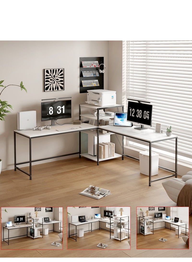 طاولة الكمبيوتر على شكل L ، مكتب زاوية المكتب الصناعي متعدد الوظائف مع رفوف التخزين ، طاولة الألعاب متعددة الوسائط محطة العمل الكمبيوتر المحمول المكتب للمكتب المنزلي ، توفير المساحة (أبيض ، YN122) - Image 1