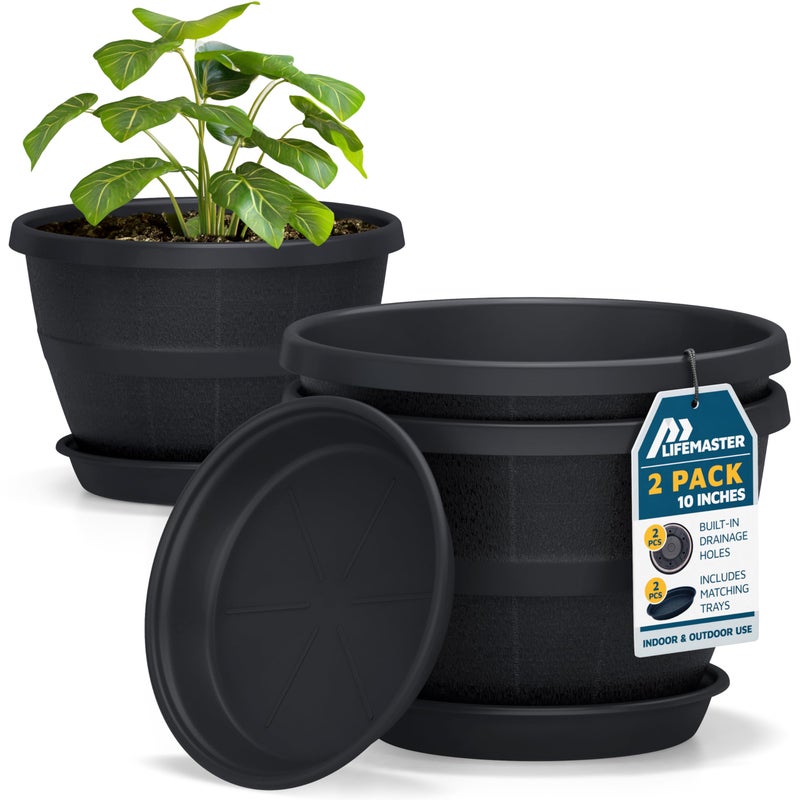 LifeMaster 10-Inch Whiskey Barrel Planters Outdoor Pack of 2 - Durable Plastic Plant Pots for Indoor & Outdoor Use with Drainage & Saucer, Lightweight Rustic Barrel Planters for Flowers, Herbs & Small Plants - Image 1