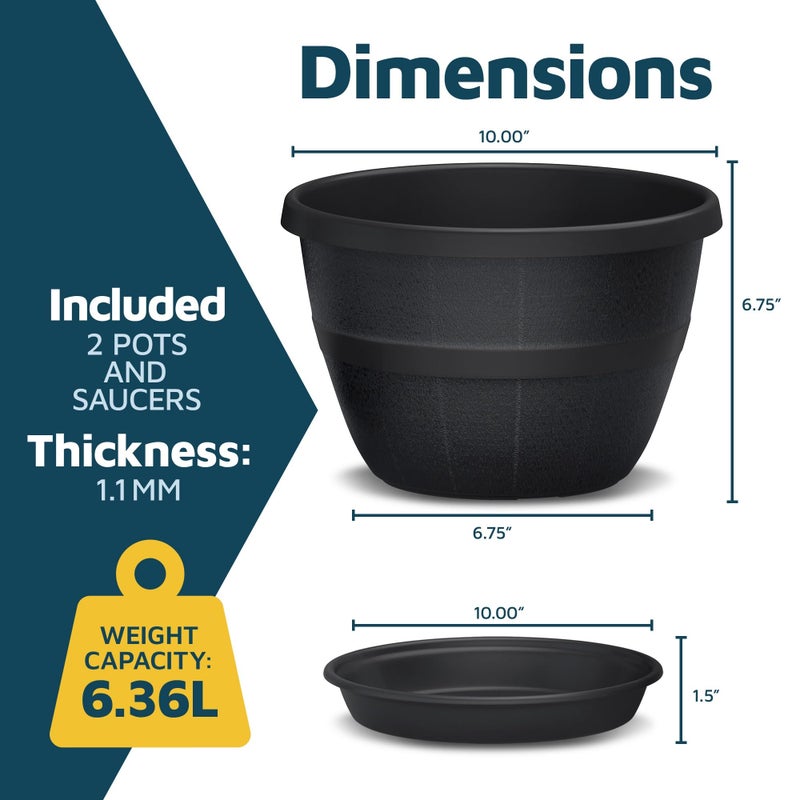 LifeMaster 10-Inch Whiskey Barrel Planters Outdoor Pack of 2 - Durable Plastic Plant Pots for Indoor & Outdoor Use with Drainage & Saucer, Lightweight Rustic Barrel Planters for Flowers, Herbs & Small Plants - Image 2