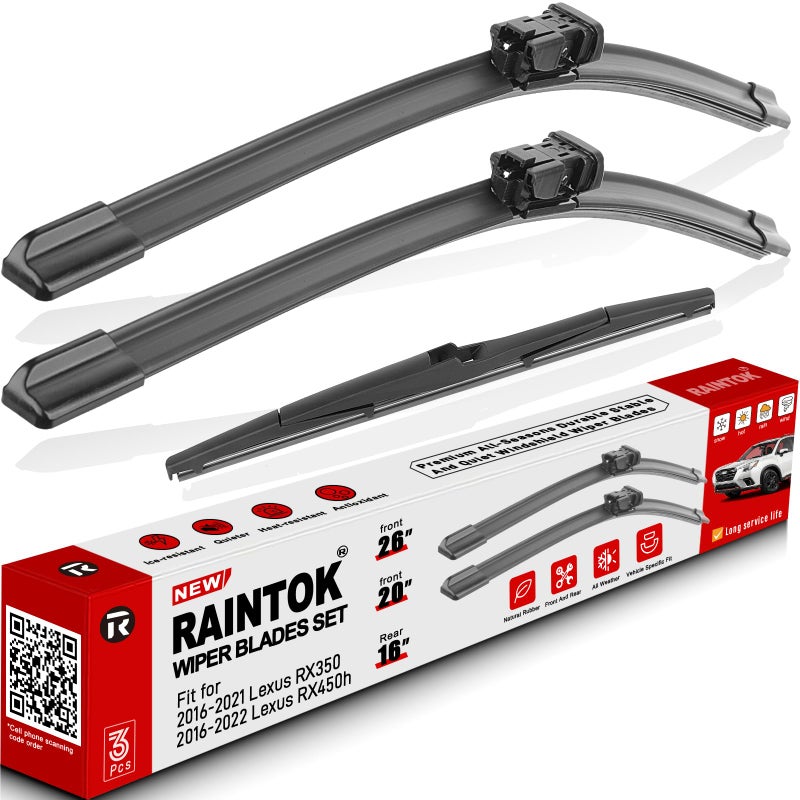 مجموعة شفرات مساحات الزجاج الأمامي RAINTOK بديل لسيارات لكزس RX350 RX450h 2016 2017 2018 2019 2020 2021 بديل لمعدات الأصلية للزجاج الأمامي والخلفي مجموعة 3 شفرات قفل علوي