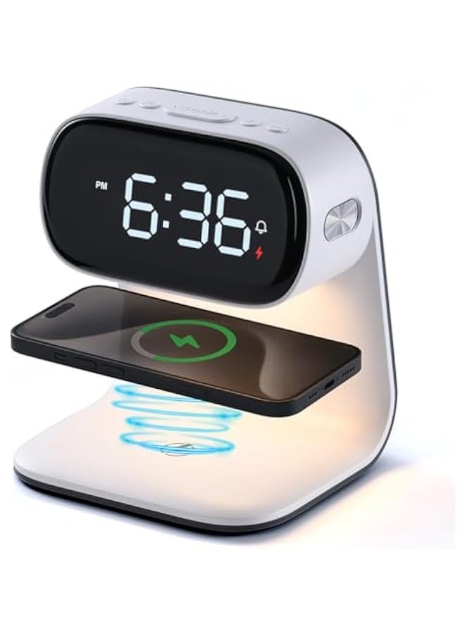 جرين تايجر ساعة منبه رقمية LED 3 في 1 بجانب السرير مع لوحة شحن لاسلكي وإضاءة ليلية قابلة للتعتيم بثلاثة مستويات - أبيض - Image 1