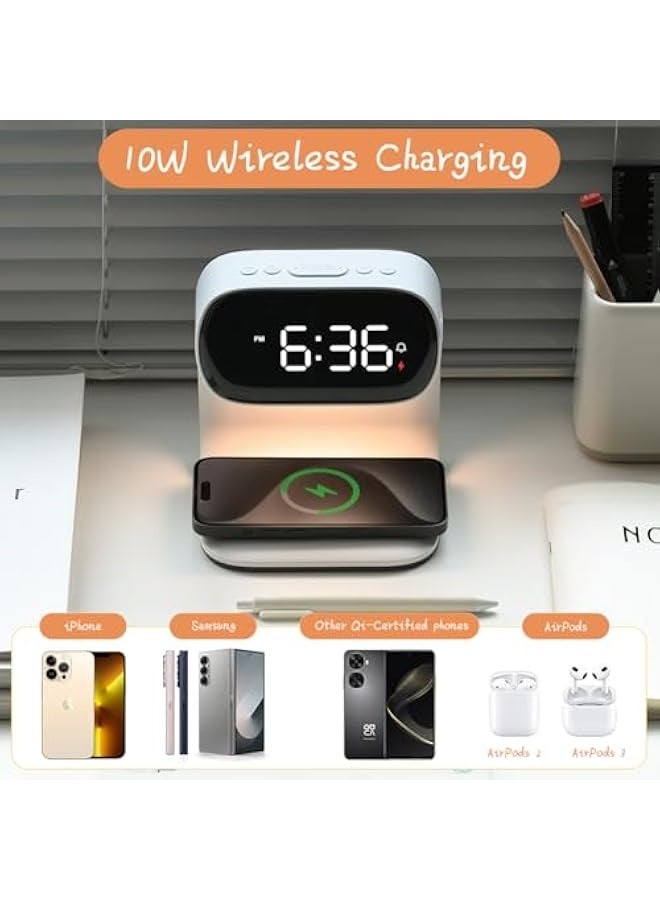 جرين تايجر ساعة منبه رقمية LED 3 في 1 بجانب السرير مع لوحة شحن لاسلكي وإضاءة ليلية قابلة للتعتيم بثلاثة مستويات - أبيض - Image 4