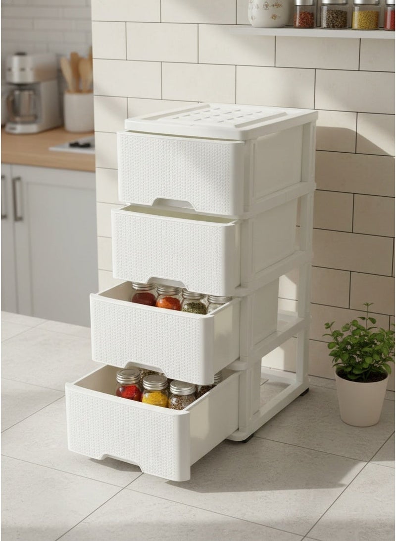 Living 4-Tier Plastic Storage Unit with Rattan Pattern, Vertical Drawer Organizer for Bathroom, Kitchen, and Bedroom, White - Image 3
