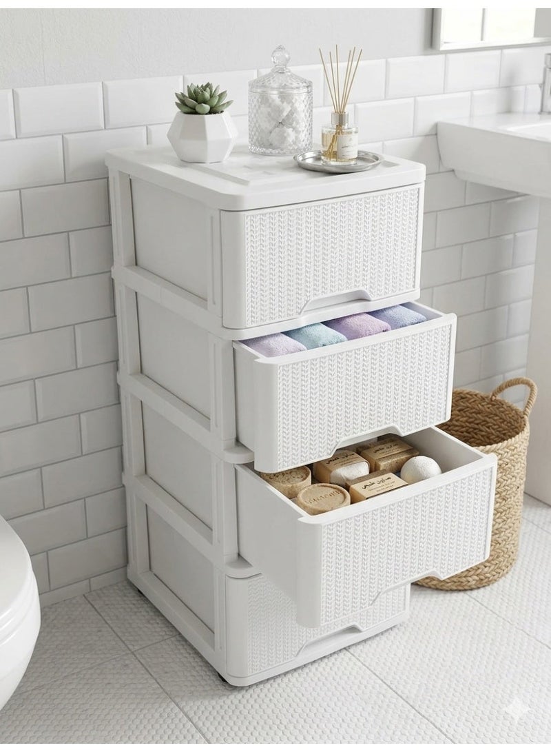Living 4-Tier Plastic Storage Unit with Rattan Pattern, Vertical Drawer Organizer for Bathroom, Kitchen, and Bedroom, White - Image 2