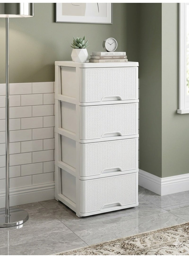 Living 4-Tier Plastic Storage Unit with Rattan Pattern, Vertical Drawer Organizer for Bathroom, Kitchen, and Bedroom, White - Image 1