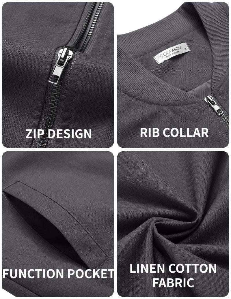 COOFANDY Men Lightweight Cotton Bomber Jacket Casual Varisty Jackets Fashion Flight Jacket Dark Grey, Small - Image 5