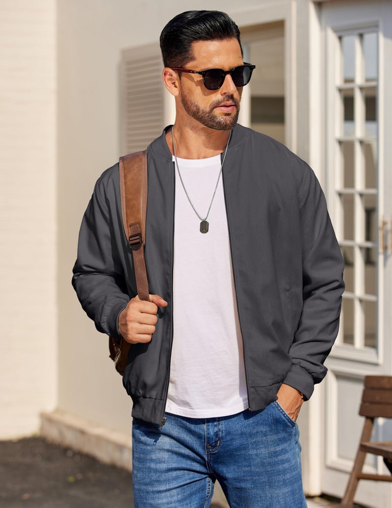COOFANDY Men Lightweight Cotton Bomber Jacket Casual Varisty Jackets Fashion Flight Jacket Dark Grey, Small - Image 3