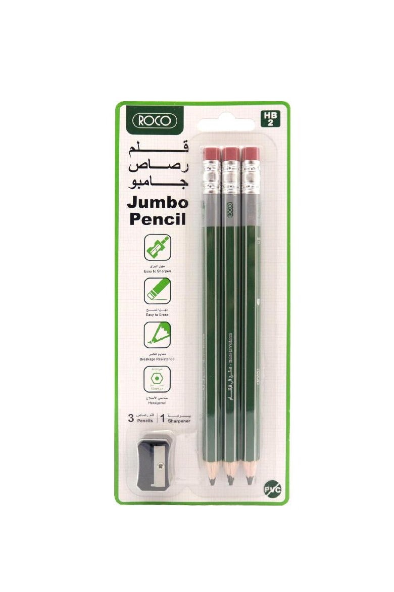 ROCO Hexagonal Green Barrel With Eraser Pencil Set JumboStandard4 Pieces