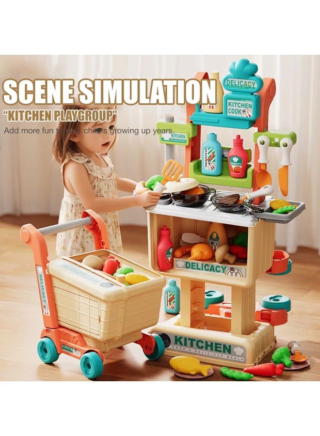Kids Shopping Cart 2 in 1 Toy Shopping Cart with Shop Accessories, 42pcs Pretend Play Grocery Store Toy Kitchen Game Trolley Play Set for Kids - Image 3