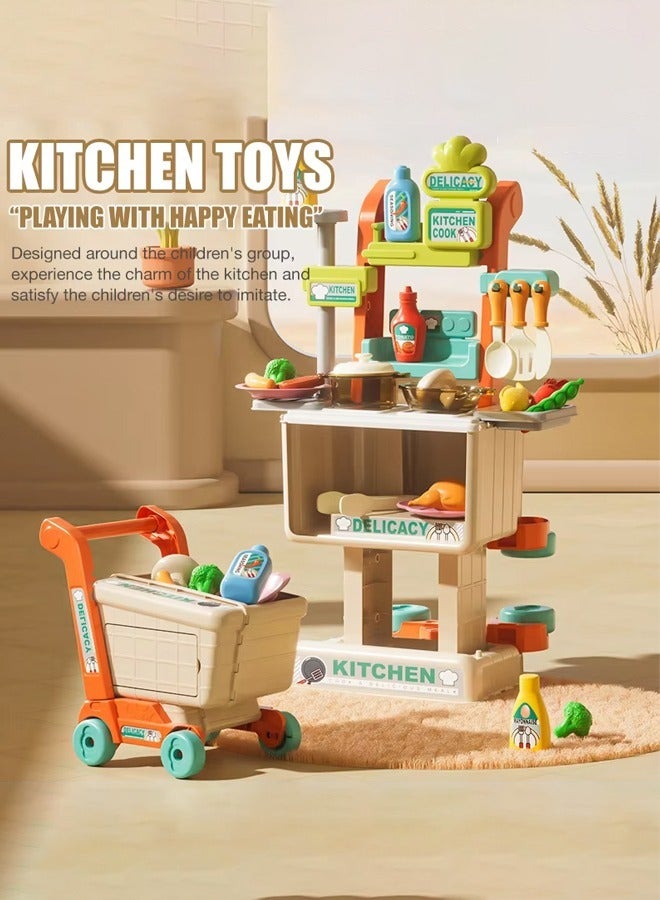 Kids Shopping Cart 2 in 1 Toy Shopping Cart with Shop Accessories, 42pcs Pretend Play Grocery Store Toy Kitchen Game Trolley Play Set for Kids - Image 1