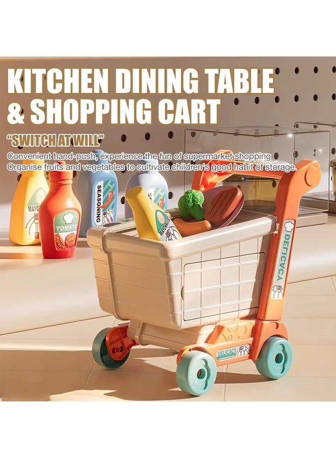 Kids Shopping Cart 2 in 1 Toy Shopping Cart with Shop Accessories, 42pcs Pretend Play Grocery Store Toy Kitchen Game Trolley Play Set for Kids - Image 4