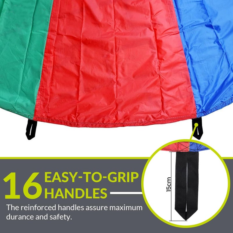GISCO مظلة لعب الأطفال بألوان قوس قزح (24 قدم، 16 مقبض) | مصنوعة من مادة متينة عالية الجودة | مثالية للعب التعاوني وبناء قوة الجزء العلوي من الجسم | مع حقيبة حمل - Image 2