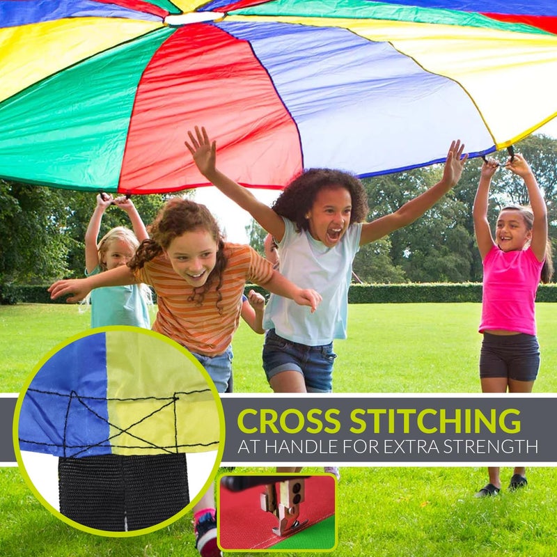 GISCO مظلة لعب الأطفال بألوان قوس قزح (24 قدم، 16 مقبض) | مصنوعة من مادة متينة عالية الجودة | مثالية للعب التعاوني وبناء قوة الجزء العلوي من الجسم | مع حقيبة حمل - Image 4