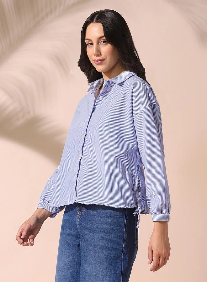 Dennis Lingo Women's Blue Cotton Blend Striped Button Down Relaxed Shirt
