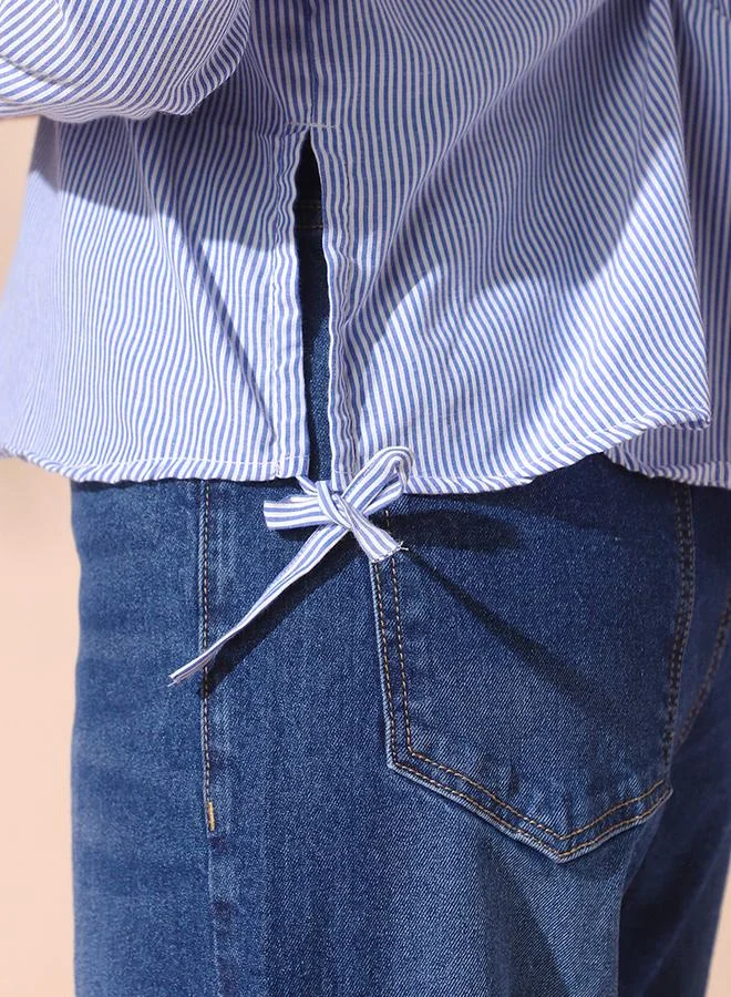 Dennis Lingo Women's Blue Cotton Blend Striped Button Down Relaxed Shirt