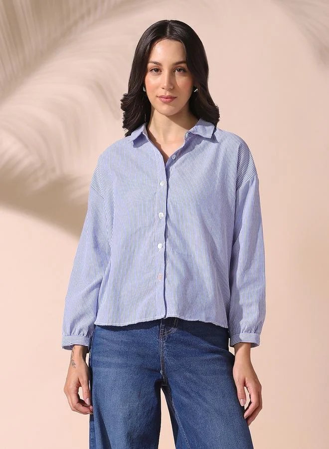Dennis Lingo Women's Blue Cotton Blend Striped Button Down Relaxed Shirt
