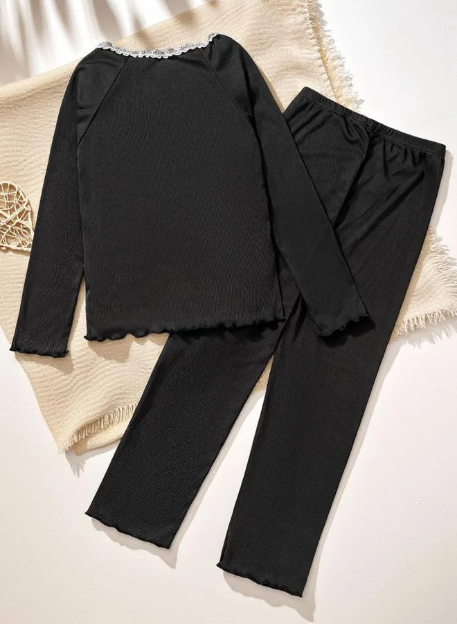 Take Two Girls Black Lace Trim Top and Pyjama Set
