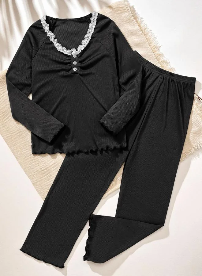 Take Two Girls Black Lace Trim Top and Pyjama Set