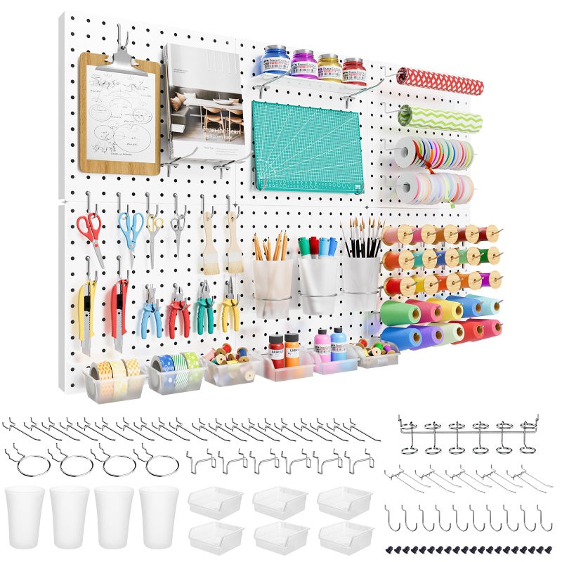 FZK Peg Board, 82PCS Metal Pegboard Wall Organizer Kit. Heavy Duty Pegboard, Peg Boards, Pegboard for Walls, White Pegboard for Garage Craft Room Workbench Office Kitchen Tool Organization, 36 * 24 - Image 1