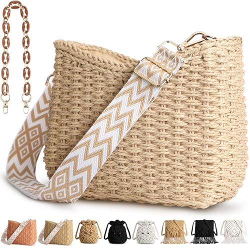 KPX Straw Handbags Purses Crossbody Pocketbook Bag Casual Woven Beach Bags Summer Hobo Hippie Chic Tote Bags with Chain (Chic, Beige) - Image 1