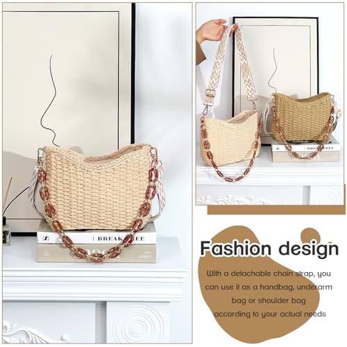 KPX Straw Handbags Purses Crossbody Pocketbook Bag Casual Woven Beach Bags Summer Hobo Hippie Chic Tote Bags with Chain (Chic, Beige) - Image 4