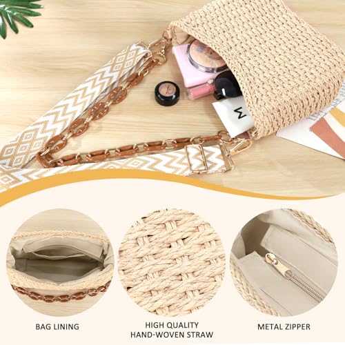 KPX Straw Handbags Purses Crossbody Pocketbook Bag Casual Woven Beach Bags Summer Hobo Hippie Chic Tote Bags with Chain (Chic, Beige) - Image 5