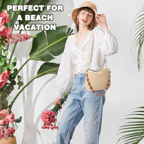 KPX Straw Handbags Purses Crossbody Pocketbook Bag Casual Woven Beach Bags Summer Hobo Hippie Chic Tote Bags with Chain (Chic, Beige) - Image 2
