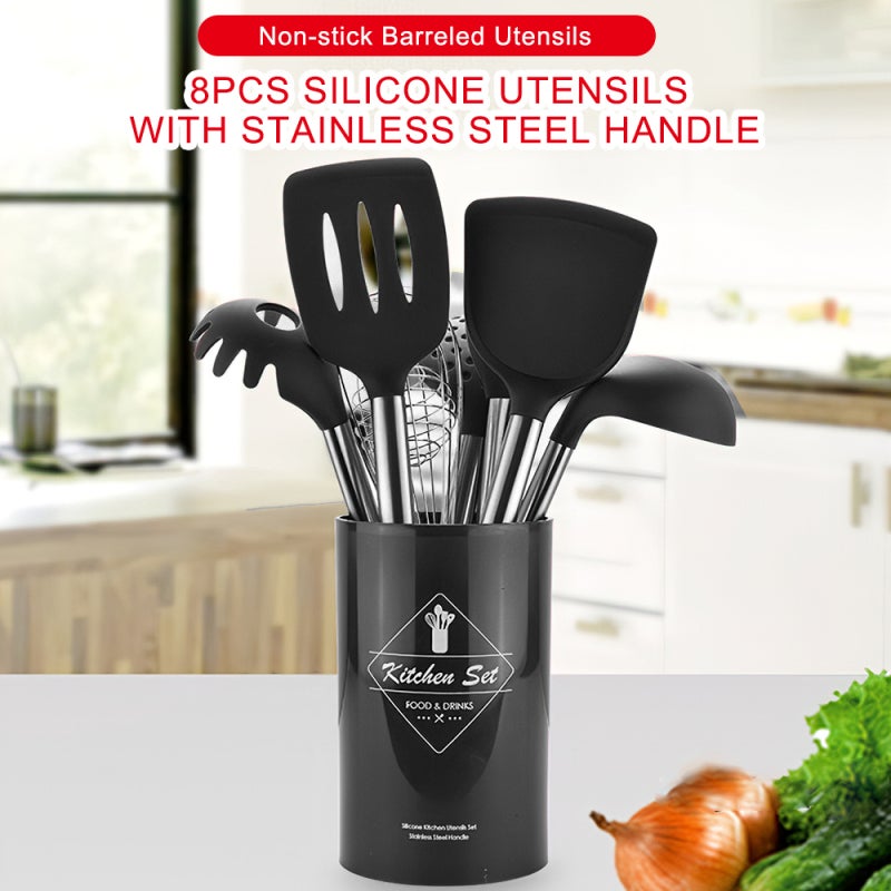 12-Piece Silicone Kitchen Utensil Set 33.5x12.5x12.5cm Black - Includes Spatula Spoon Ladle Whisk Tongs Masher Brush Skimmer - Ergonomic Bamboo Handle Cooking Tools with Silicone Stand for Effortless - Image 2