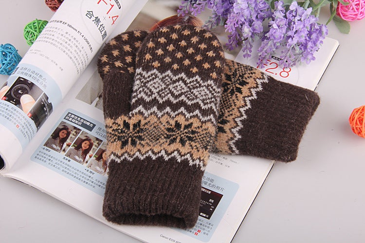 Korean Style New Autumn and Winter Gloves Fashion Womens Double Layer Thickened Warm Bag Finger Knitted Snowflake Gloves for Women Coffee [snowflake edging gloves]] 