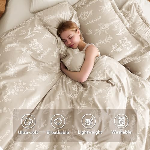 MUXHOMO Duvet Cover King Size Reversible Floral Beige Duvet Cover Set with Zipper Closure 3 Pieces Botanical Patterns Soft Microfiber Bedding Set 90x104 2 Pillow Cases 2036 - Image 3
