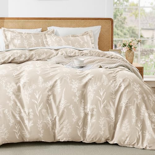 MUXHOMO Duvet Cover King Size Reversible Floral Beige Duvet Cover Set with Zipper Closure 3 Pieces Botanical Patterns Soft Microfiber Bedding Set 90x104 2 Pillow Cases 2036 - Image 1