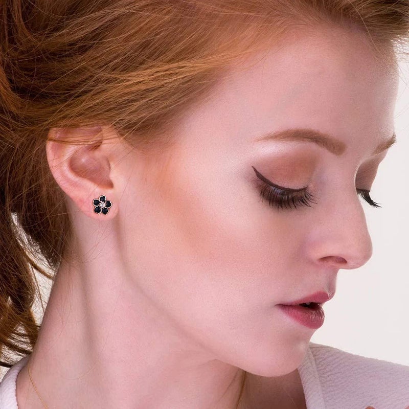 AllenCOCO 925 Sterling Silver Stud Earrings, Cute Flower Ear Studs for Women, White/Black/Rose Gold Plated, Stud Earrings Jewelry Gift (3pcs) - Image 4