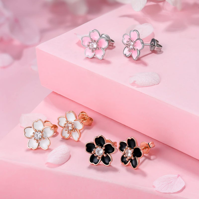 AllenCOCO 925 Sterling Silver Stud Earrings, Cute Flower Ear Studs for Women, White/Black/Rose Gold Plated, Stud Earrings Jewelry Gift (3pcs) - Image 5