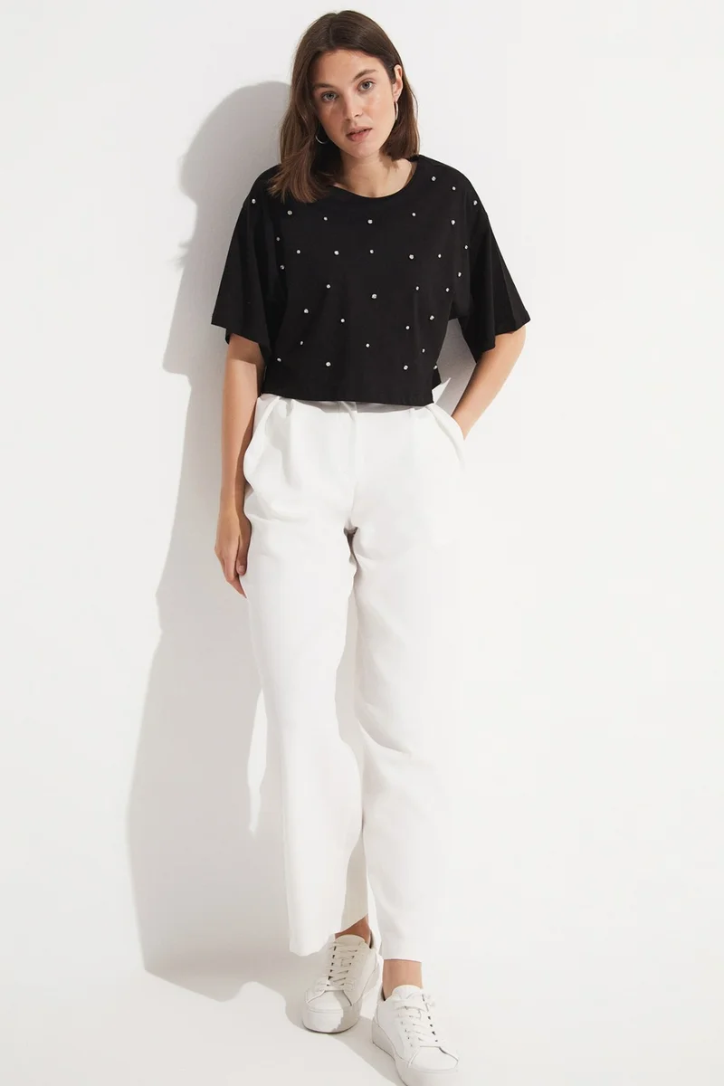 JUNE Stone Detailed 100% Cotton Crop T-Shirt