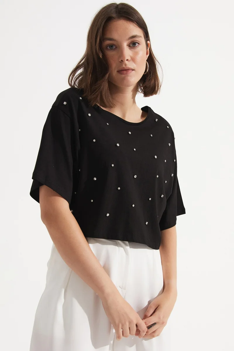 JUNE Stone Detailed 100% Cotton Crop T-Shirt