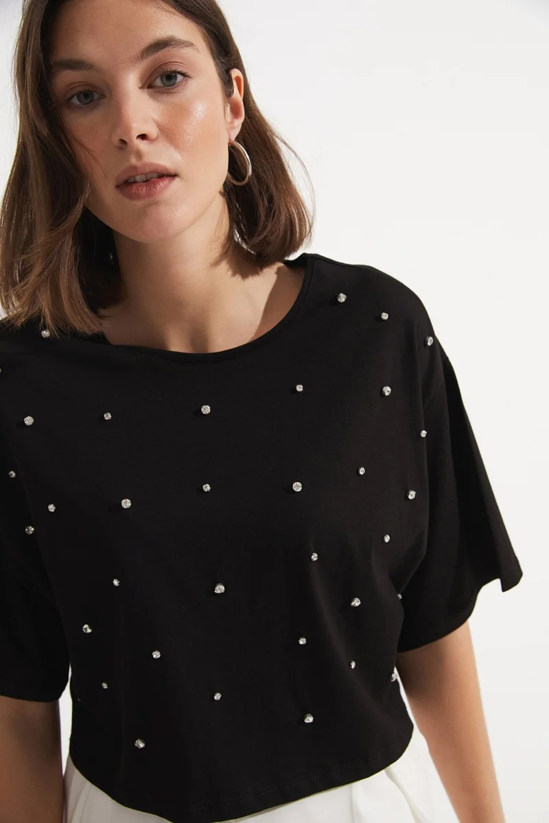 JUNE Stone Detailed 100% Cotton Crop T-Shirt