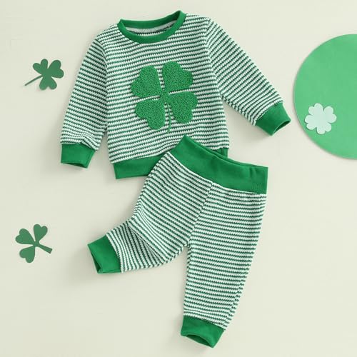 DNOMAID YZARC Toddler Baby Boy St Patricks Day Outfit Clover Embroidery Stripe Sweatshirt Top Long Pants Set 2 Piece Clothes (Green, 18-24 Months) - Image 3