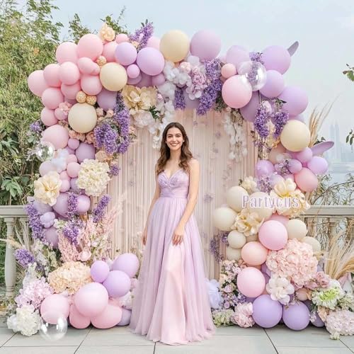 Partycus Pastel Pink Purple Balloon Arch Double Stuffed Light Pink Lavender Lilac Ivory Balloon Garland Kit with Bobo Latex for Baby Shower Bridal Wedding Princess Birthday Valentines Party Decoration - Image 5