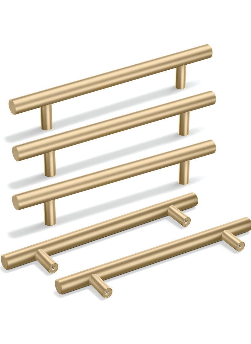 FIRST PRO 5 Pack Kitchen Cabinet Handles, 200mm Golden Brass Brushed Kitchen Door Handles, 128mm Hole Center T Bar Drawer Cupboard Handles with Screws, Kitchen Drawer Pulls- Bathroom Bedroom Wardrobe  - Image 1