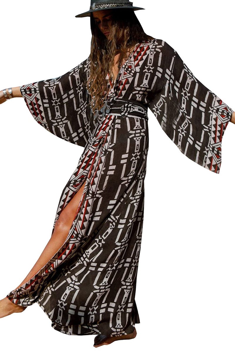 YouKD Women's Bohemian Cardigan Maxi Dress Beach Coverup Robe Long Kimono Robs One Size Black White - Image 1