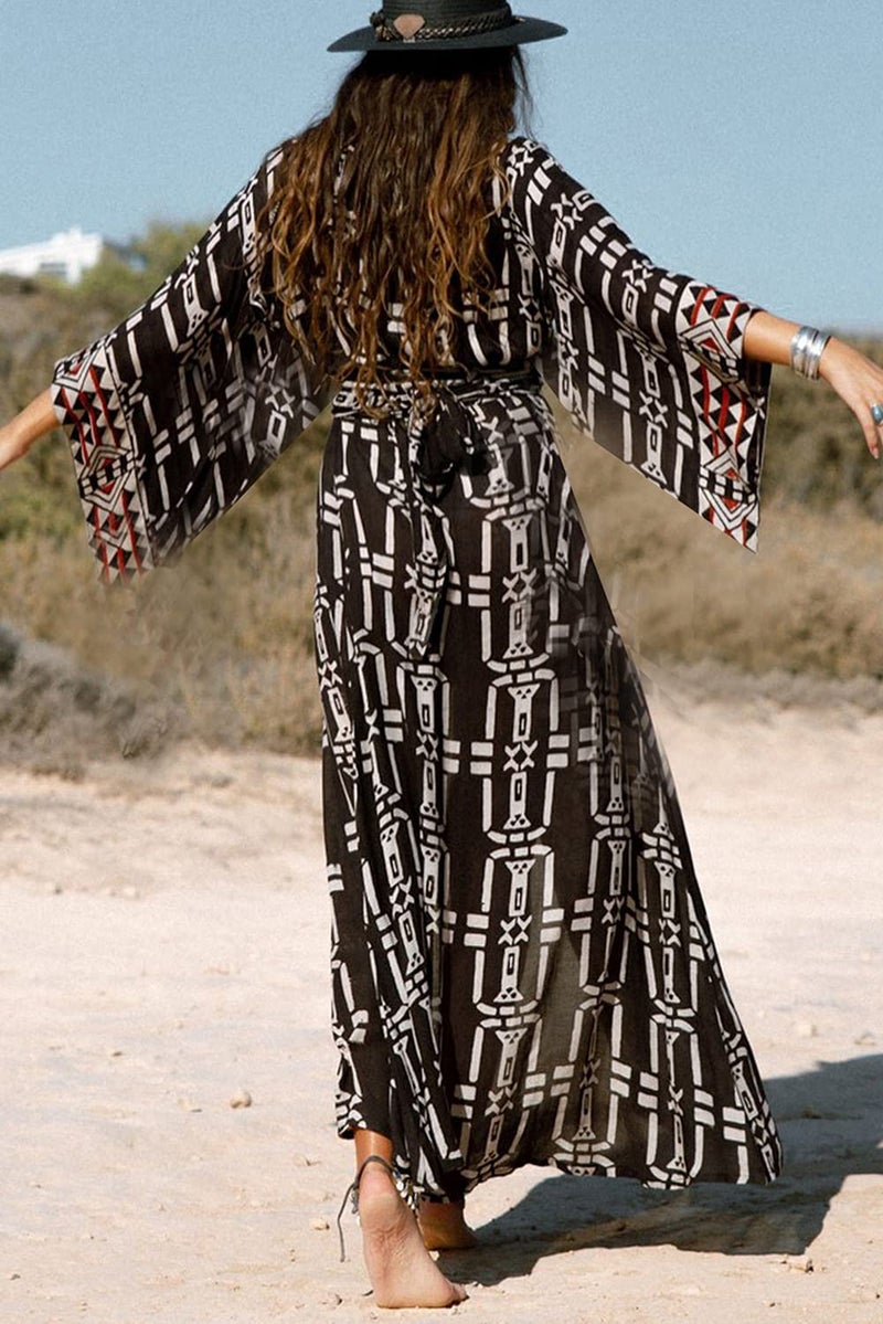 YouKD Women's Bohemian Cardigan Maxi Dress Beach Coverup Robe Long Kimono Robs One Size Black White - Image 4