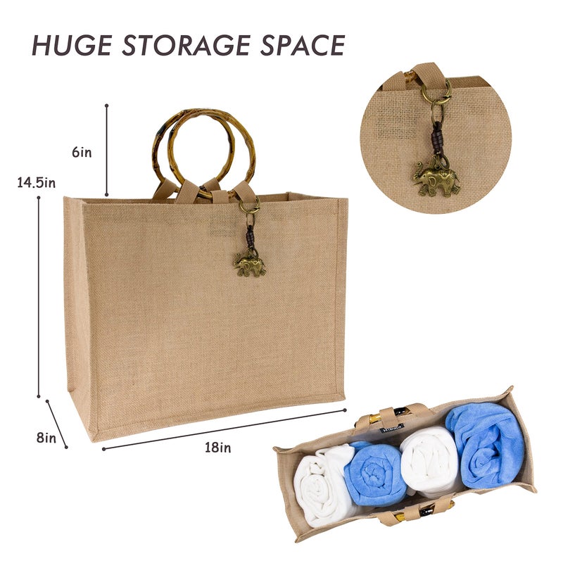 Hibala Woven Large Beach Bag Straw Beach Tote Handmade Weaving Shoulder Tassel Bag Handbag (Bamboo Handle-Elephant) - Image 3