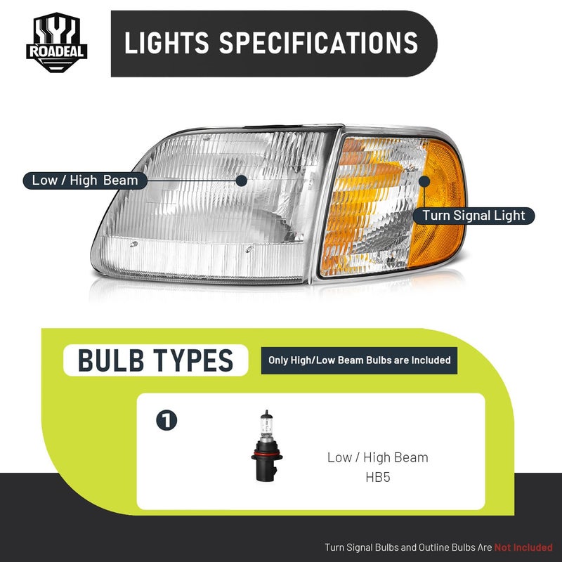 ROADEAL Headlights W/Bulbs for 1997-2003 Ford F150/1997-2002 Ford Expedition/1998-1999 F250 Selected with Signal Marker Light Driver & Passenger Side - Image 3