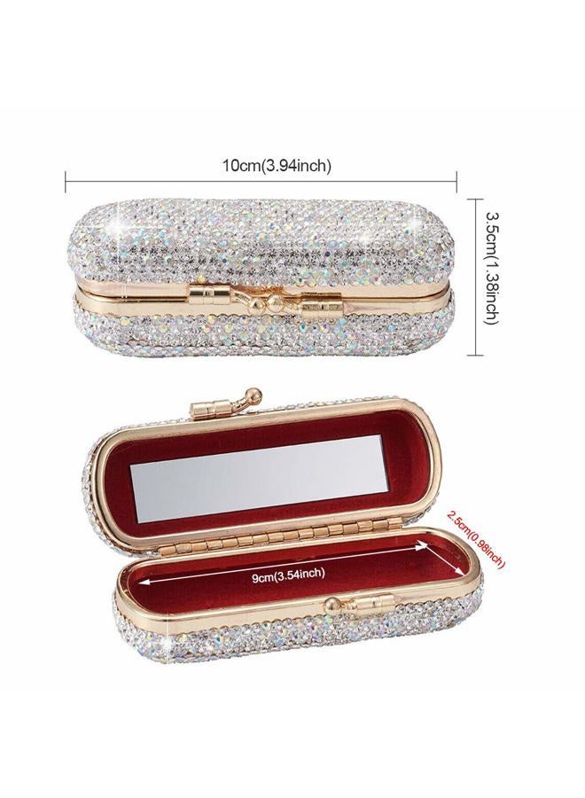 Calidaka Lipstick Case Holder with Mirror Crystal Lipstick Organizer for Travel Ladies Fashion Portable Glitter Shiny Diamonds Rhinestone Clip Holder Luxury Lip Gloss Makeup Storage Bag - Image 2